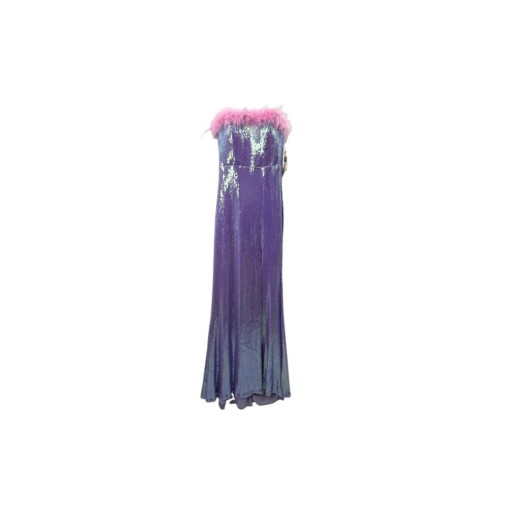 Honey & Rosie Formal Purple Pink Sequin Feather Gown Dress Small $129 NWT
